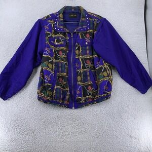 Vintage Mureli Baroque Windbreaker Jacket‎ L Purple Black Chain Zip Bomber 90s